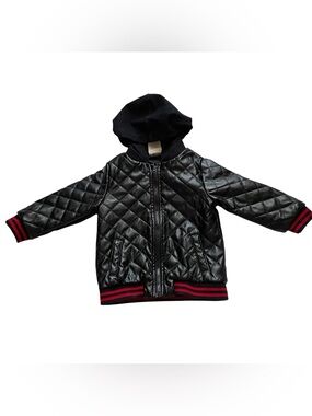 Quilted Black Hooded Faux‎ Leather Jacket, 18 months